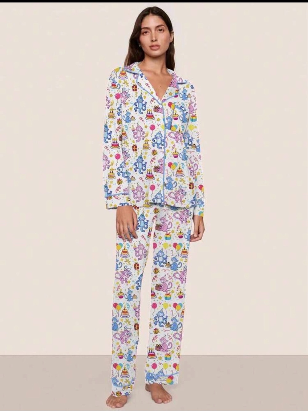 Monkey Birthday Party Print Pajama Set - Multicolor